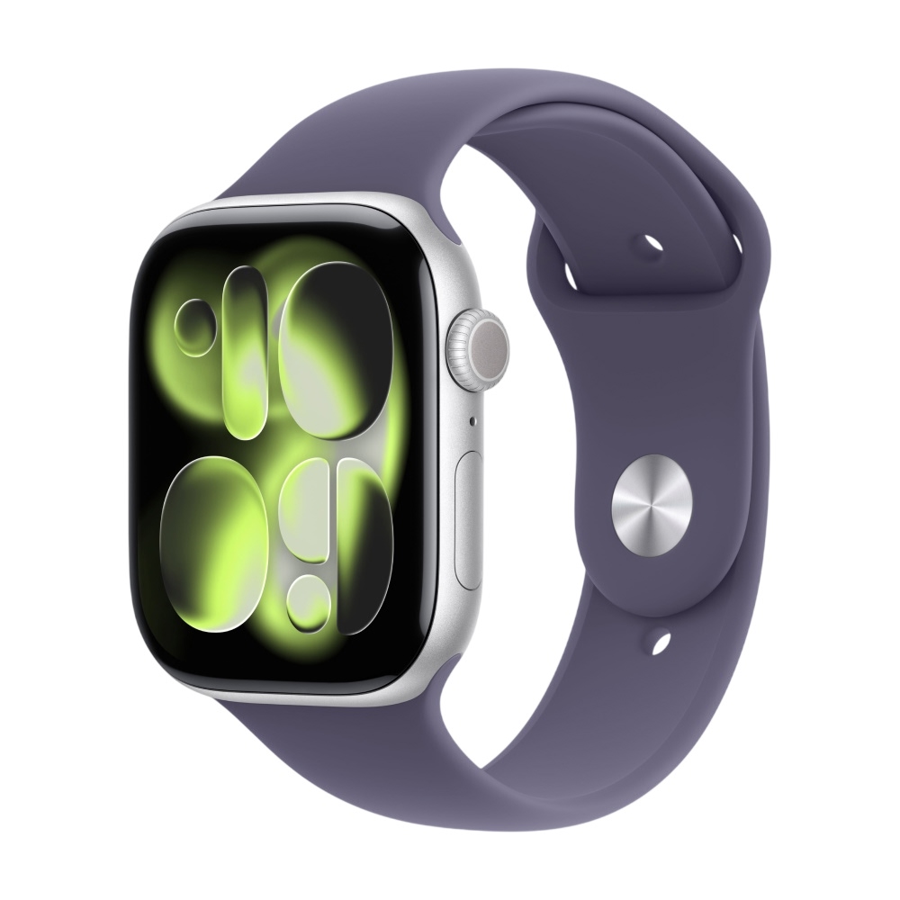 Apple Watch Series 11, GPS, алюминиевый корпус цвета Серебро, спортивный ремешок цвета Фиолетовый туман, 46 мм